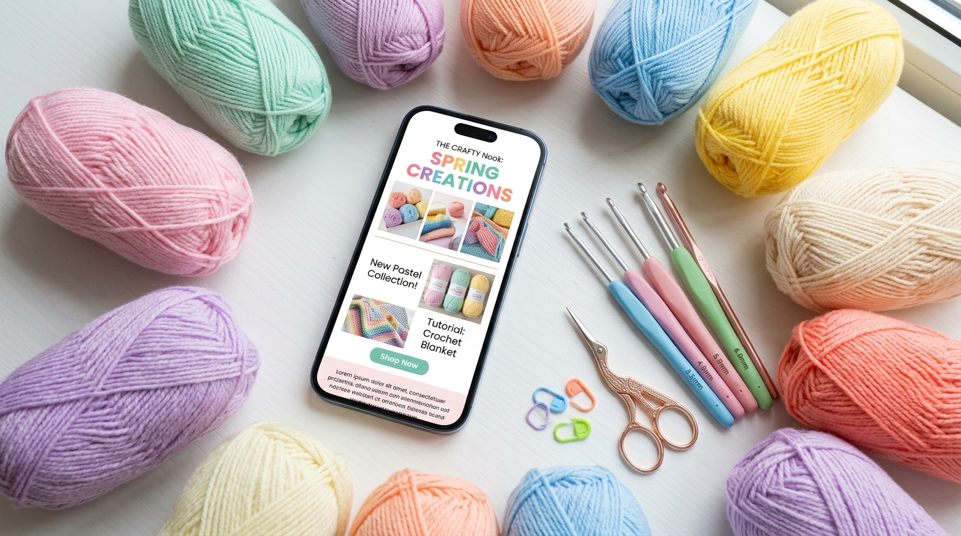 A modern smartphone displaying an email newsletter, surrounded by pastel yarn skeins